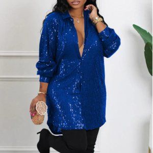Blue Sequin Shirt Dress L *BRAND NEW*